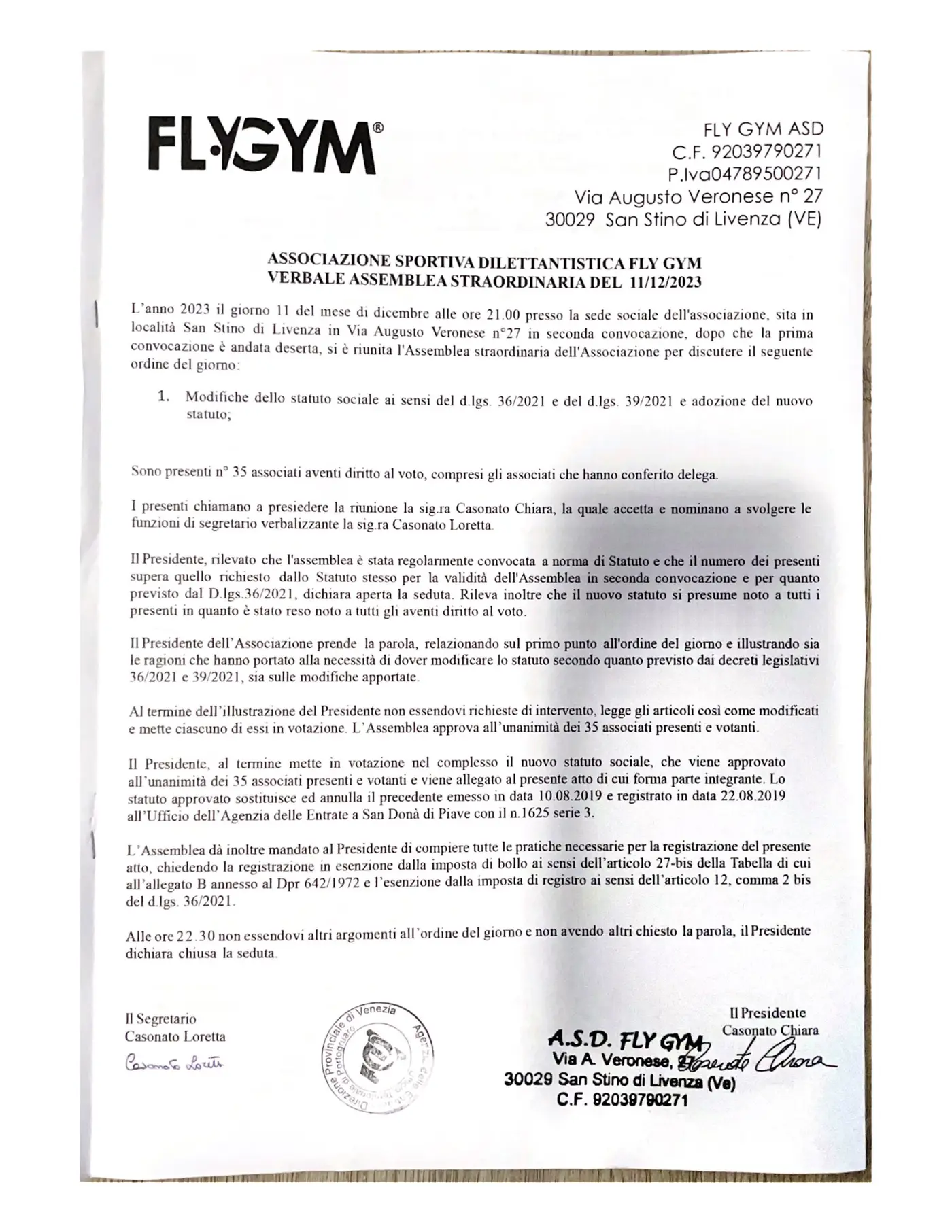 Statuto Fly Gym, pagina 1: verbale dell'assemblea straordinaria dell'11/12/2023