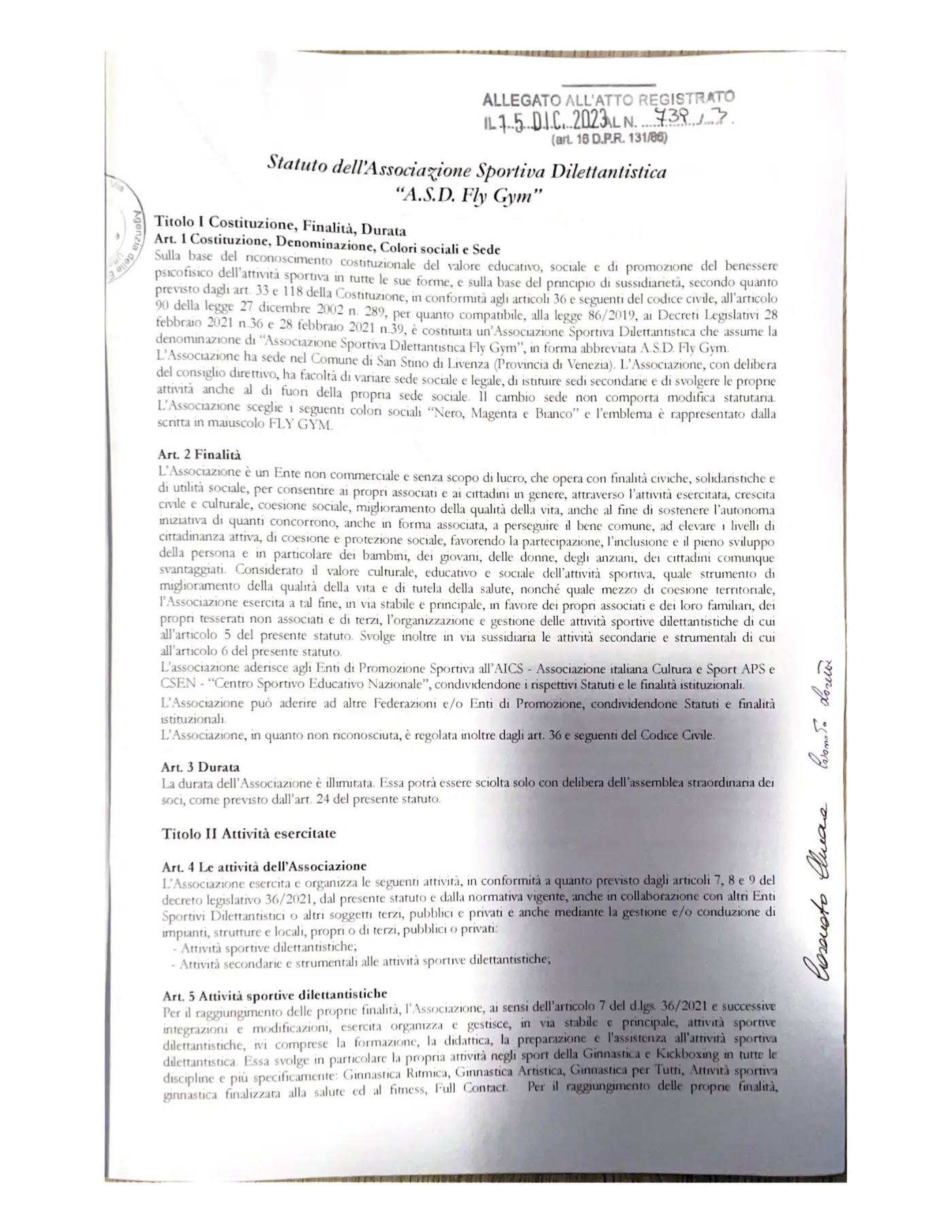 Statuto Fly Gym, pagina 3: titolo I, articoli 1-5
